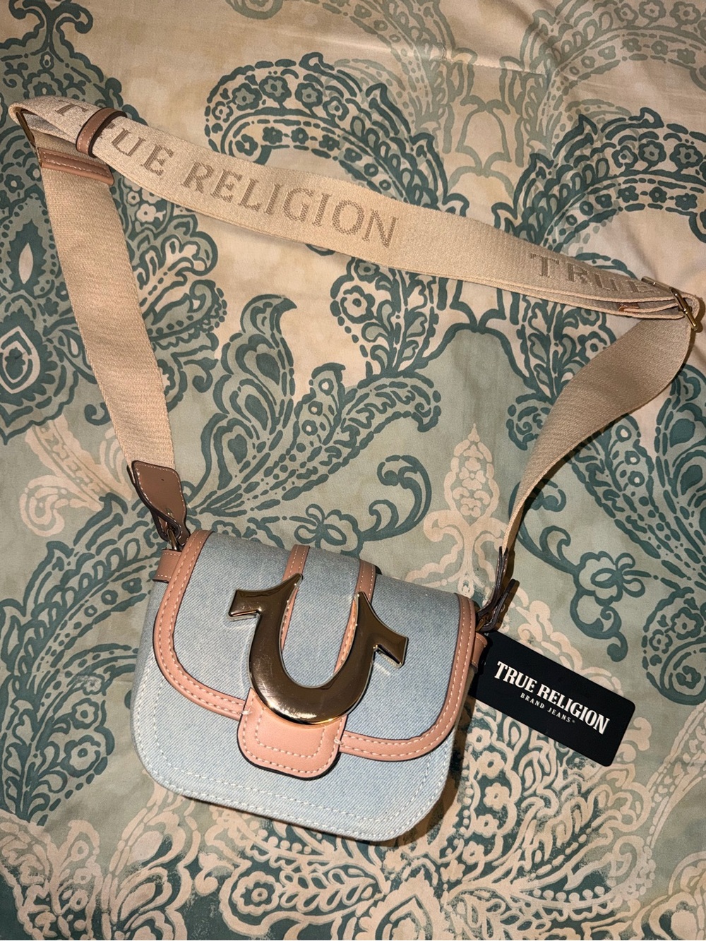 True Religion Denim Crossbody with Pink Trim and Gold Hardware